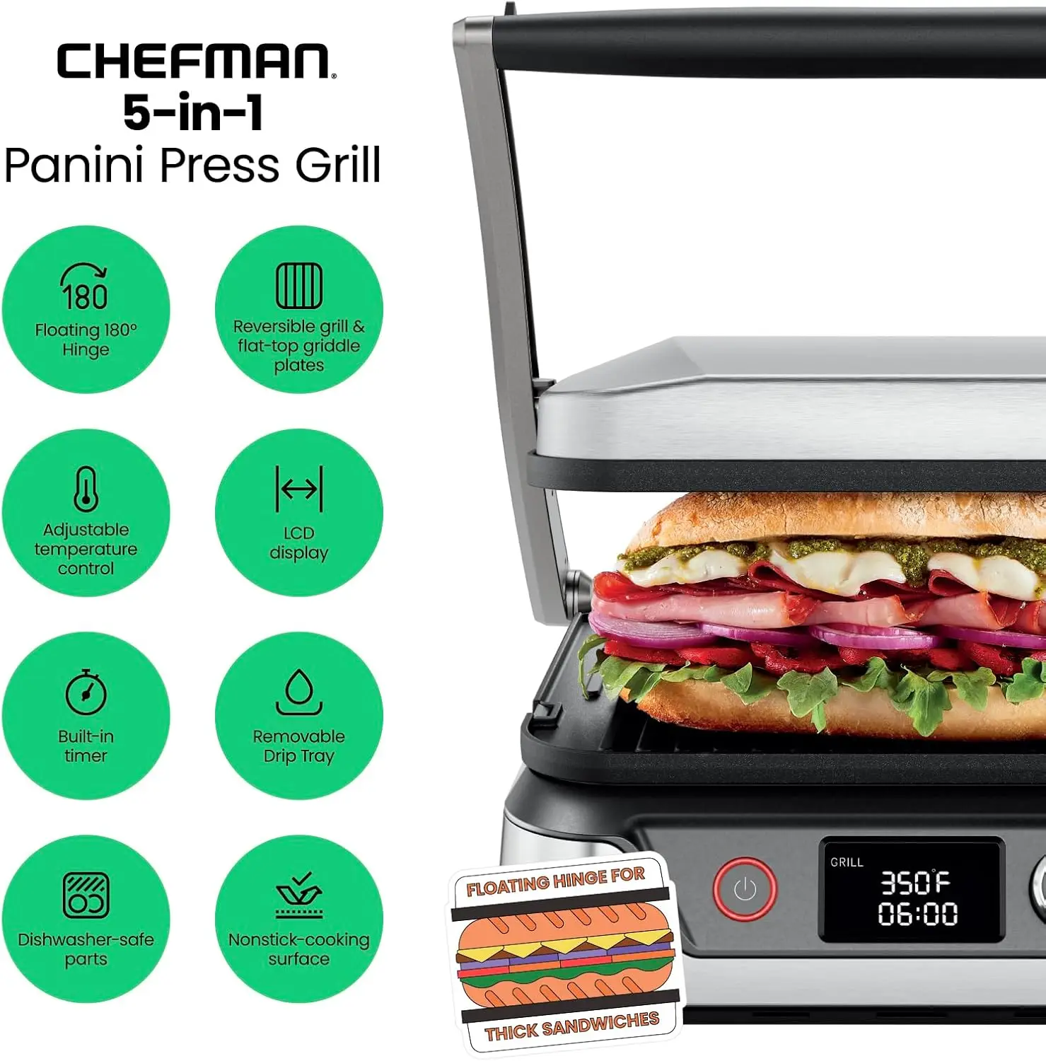 5-in-1 Digital Panini Press Grill Sandwich Maker and Griddle Grill Combo with Removable, Reversible Dishwasher-Safe Gril 2