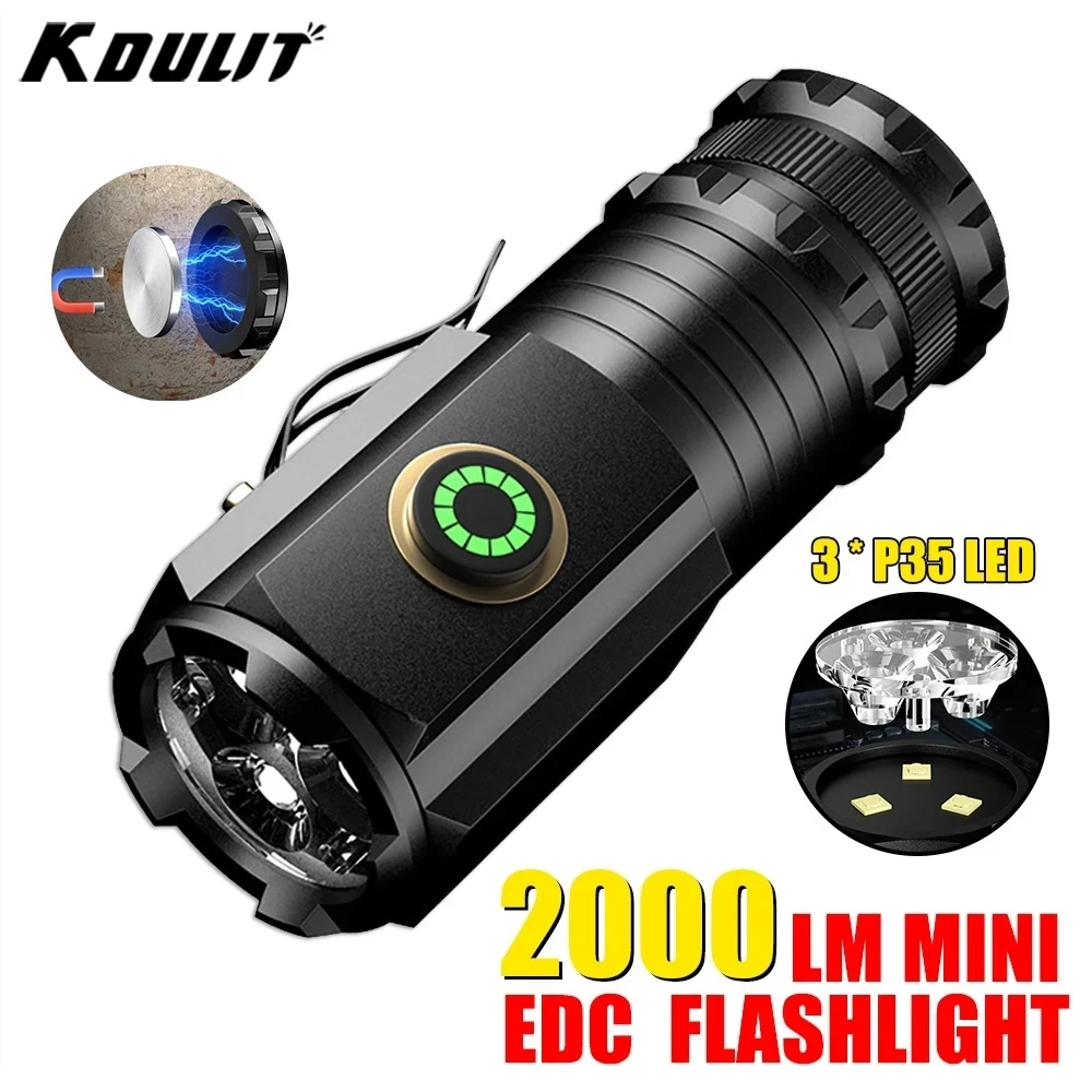 강력한 LED 손전등 미니 EDC 고출력 전술 토치, USB 충전식 캠핑 랜턴, 18350 배터리 사용, P35, 2000LM, 5 ..