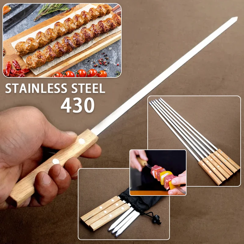 

Kebab Skewers 21Inch Long Flat 340 Stainless Steel Professional Grilling BBQ Skewer Reusable Barbecue Skewers with Wood Handle