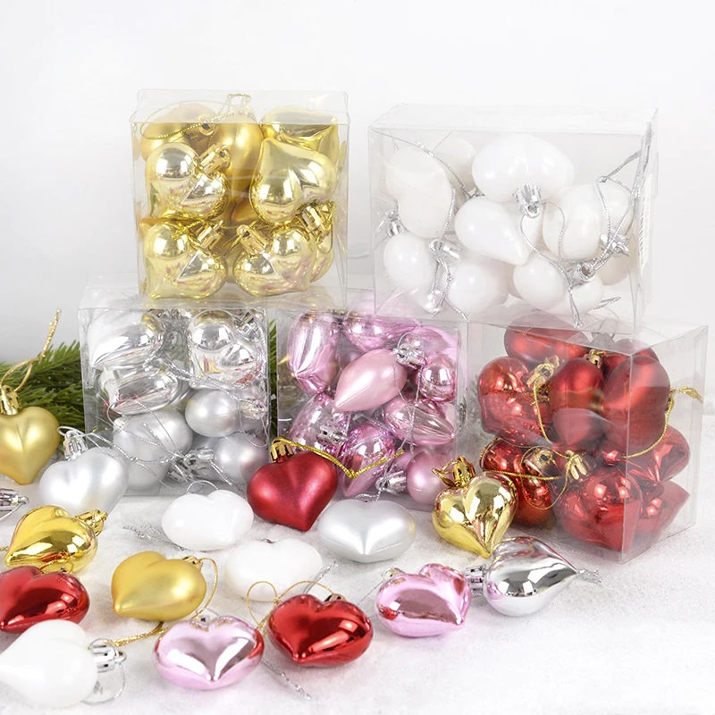 

12pcs Christmas Balls Heart Shape Gold Red Pendants Xmas Tree Hanging Ornaments Home 2024 New Year Christmas Wedding Decorations