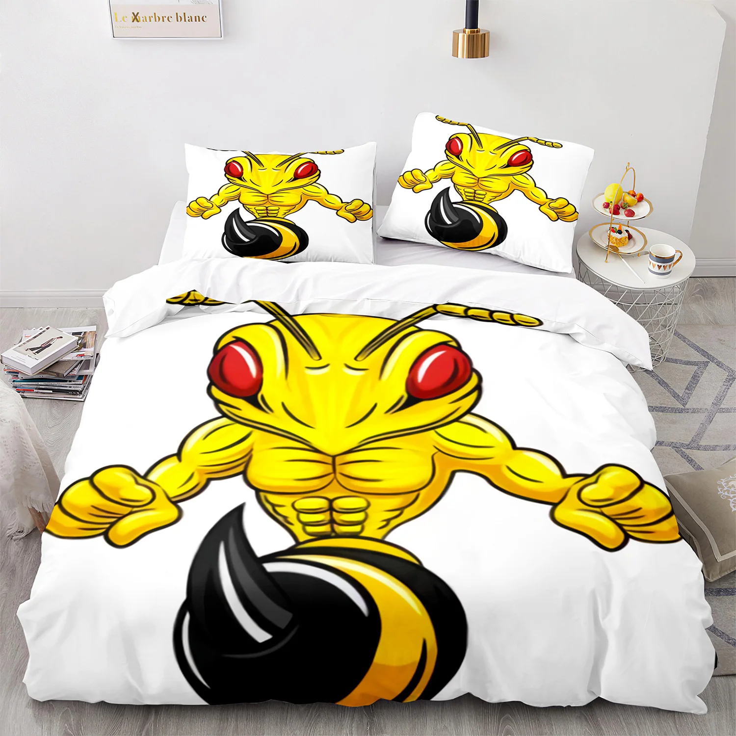 

Yellow Cartoon Angry Bee Duvet Cover Cute Animal Funny White for Bedroom Decoration Polyester Quilt