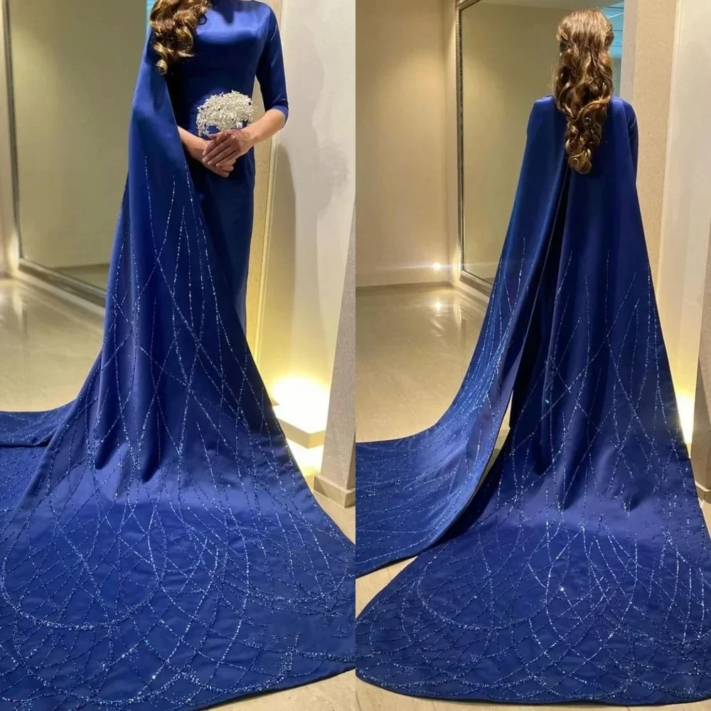 

Exquisite Blue Scoop Neck Evening Dresses Sheath Sweep Paillette Sequins Satin Formal Occasion Prom Gowns فستان حفلات الزفاف