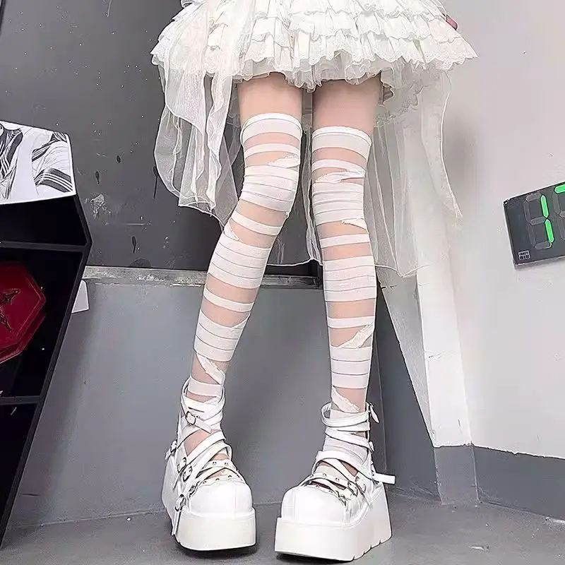 Gothic Lolita Accessories Bandage Design Thin Soft Long Socks Women Sexy Cross Strap Bottom Stockings Cosplay Cute Girls Hosiery images - 6