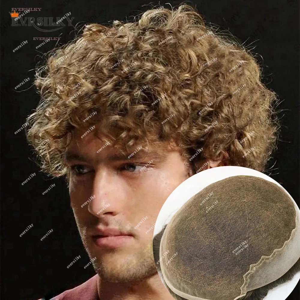 

Natural Hairline Ash Blonde Breathable 20mm Curly Q6 Virgin Human Hair Men Toupee Lace&PU Lace Front Male Hair Wigs Prosthesis