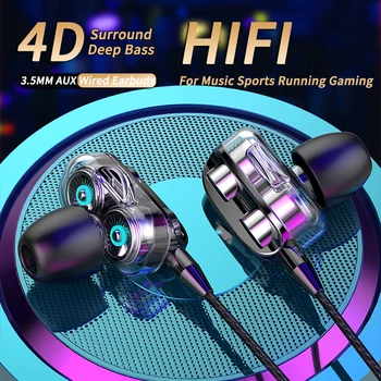Cuffie Cablate 3.5mm con Cancellazione del Rumore, Auricolari Sportivi In-Ear, Doppio Driver, Bassi Stereo, Cuffie da Gaming HiFi con Microfono