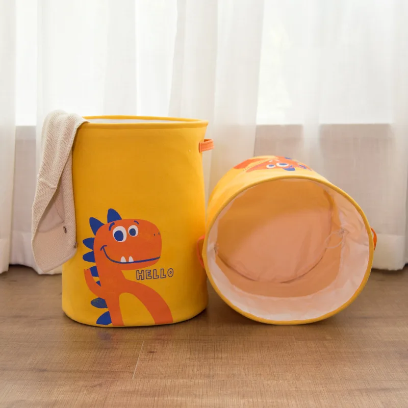 Cute Kid Cartoon Laundry Basket Foldable Organizer With Drawstring Handle Toy Collection Storage Box Dinosaur Design Canvas