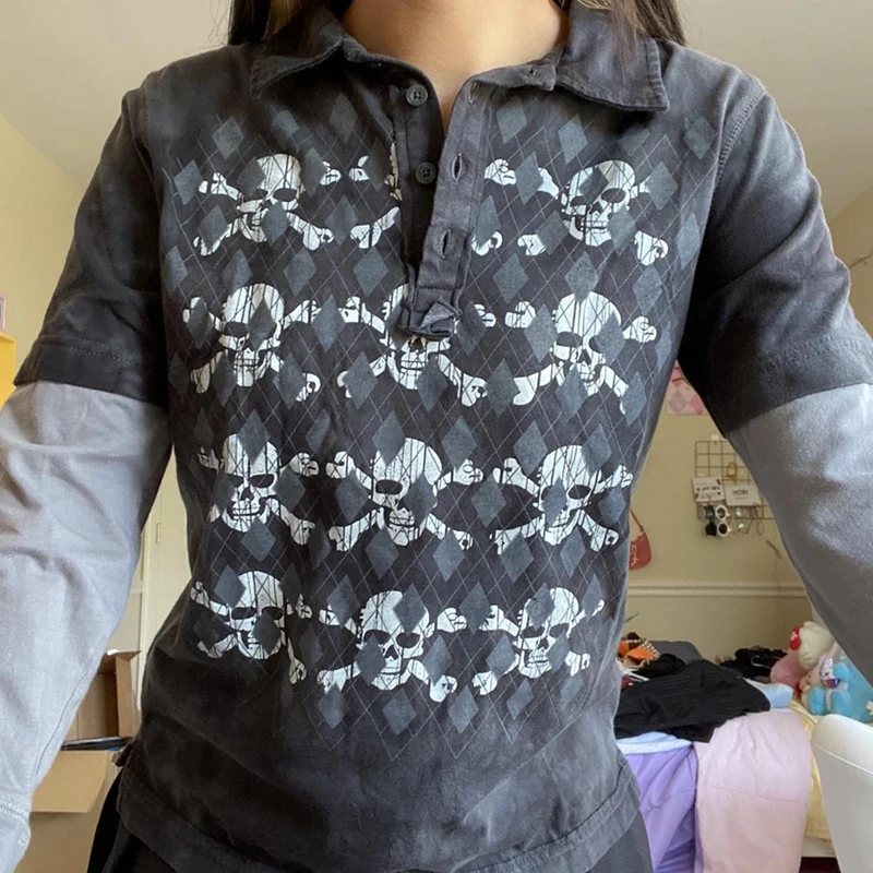 

Harajuku Button Up Turn Down Collar Top 00s Retro Graphic Cyber Grunge T-shirt Y2K Mall Goth Skull Argyle Long Sleeve Tee Women