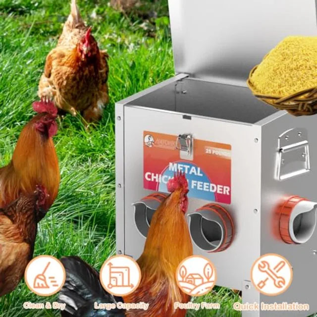 Automatic Chicken Feeder No Waste 25 Pounds Metal Poultry Feeder with Latch and Handle for Chickens Bantams Pheasants Poultry C