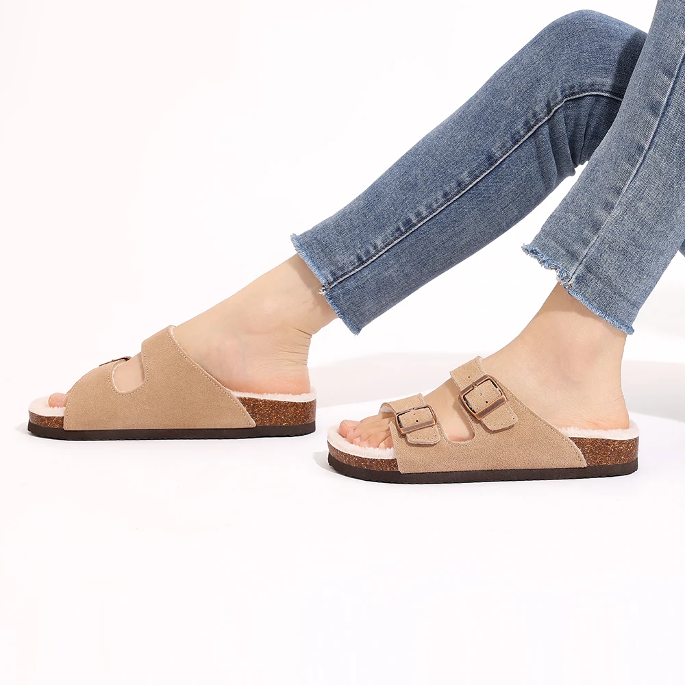 Women's Cork Clogs With Double Buckle And Warm Fleece Lining_voghion.com