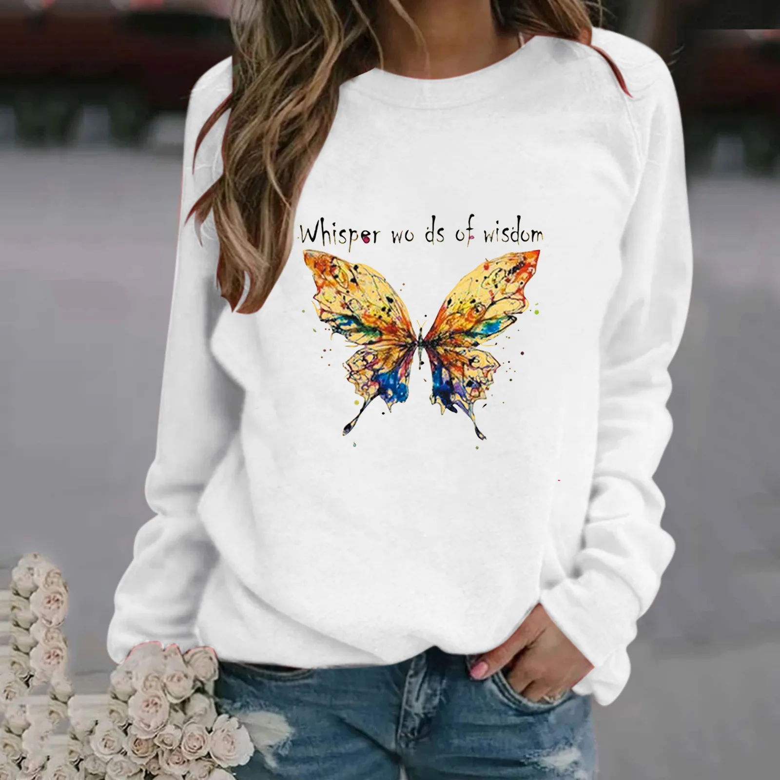 

Butterfly Women's Colorful Pattern Sweatshirts Solid Color Hoodless Blouse Pullover Hip Hop Korean Sweatshirts Female Hoodies