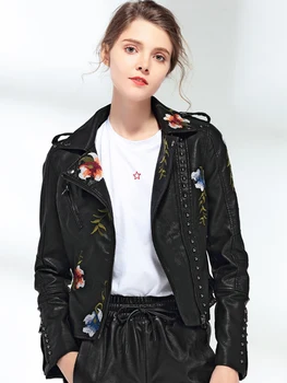 Ftlzz Women Floral Print Embroidery Faux Soft Leather Jacket Coat 6