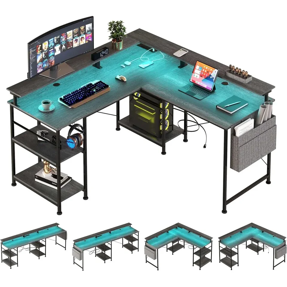 Scrivania Da Gaming Led Con Prese E Ripiani, 120x50x75 Cm, Reversibile, Con Supporto Monitor E Luci RGB - copertina