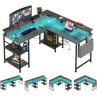 L-shaped gaming desk with LED lighting, monitor stand and socket, large computer table, black, 140*140*84