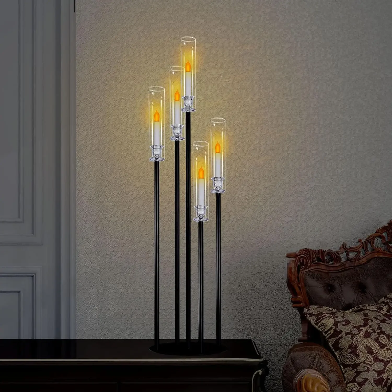 Black Taper Candle Holders for LED Candles Metal 5 Arms Candelabra Candlestick Holders for Wedding Engagement Party Decoration