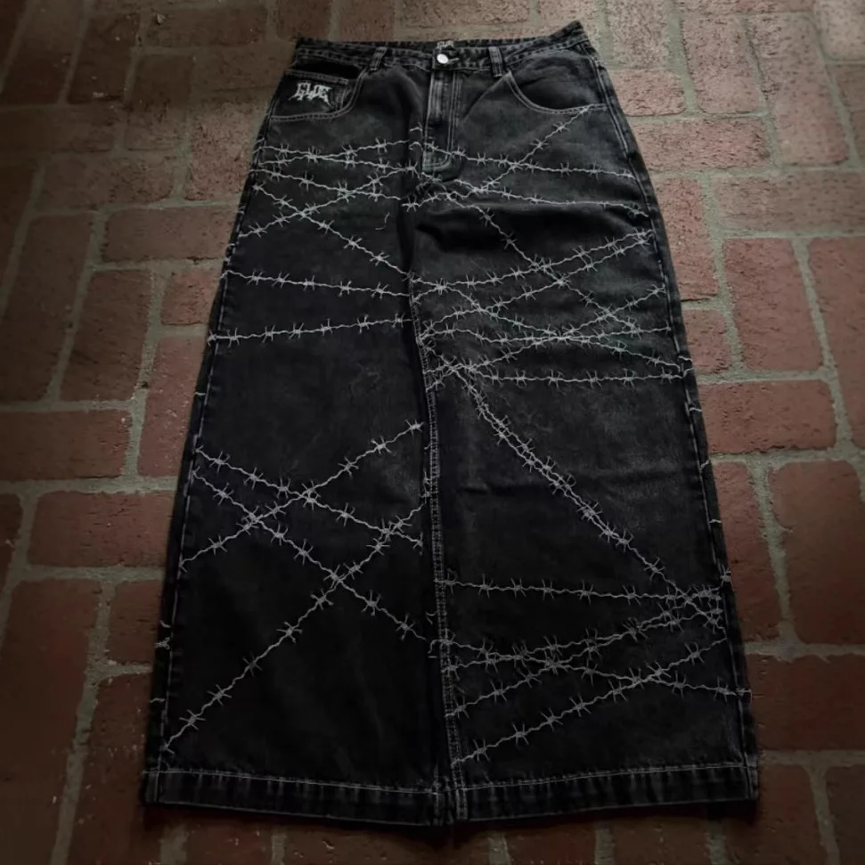 Jeans y2k high street hip hop loose wide-leg casual pants men's pants jeans street wear printed gothic style trousers hot sale 3