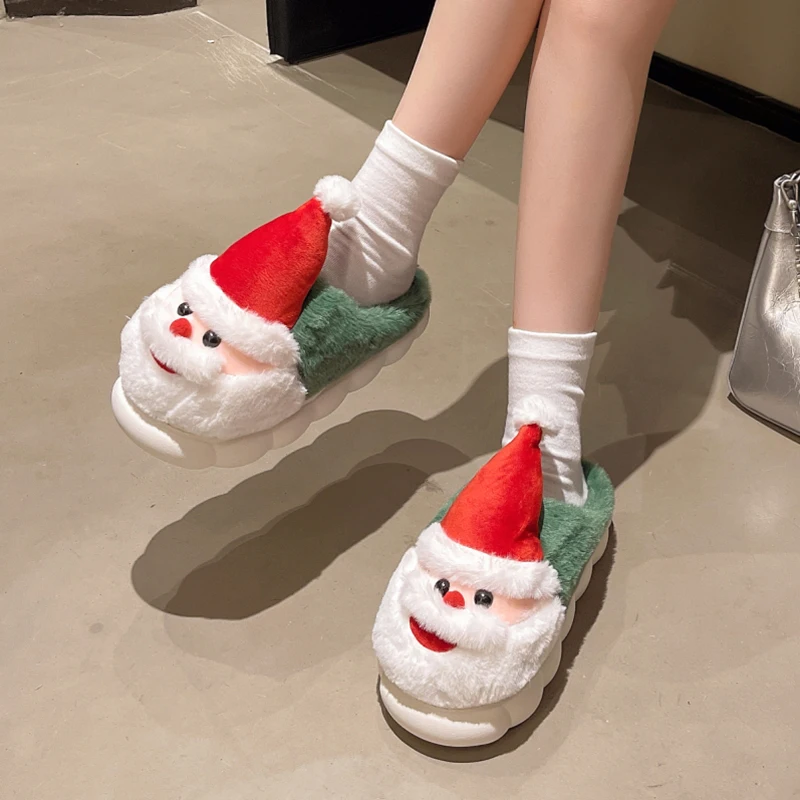Thick Sole Fluffy Christmas Slippers Women Autumn Winter Thicken Plush Warm Cotton Slippers Woman Anti Slip Home Plush Slides
