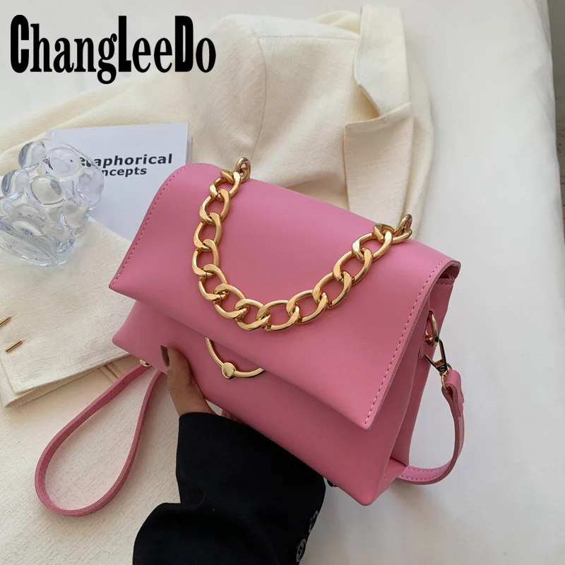 

Женская кожаная сумка с клапаном, однотонная модная сумка на плечо для женщин, Весенняя розовая сумка-мессенджер через плечо с цепочкой, 2022