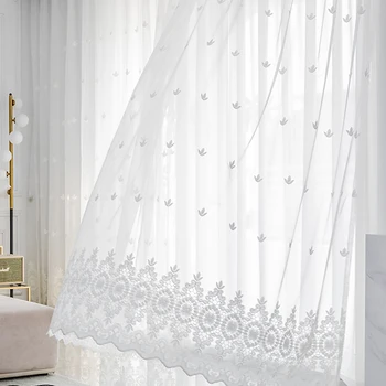 거실용 화이트 자수 시어 커튼, 침실 창 장식에 적합한 막대 포켓 보일, 스위트 스타일, 1PC