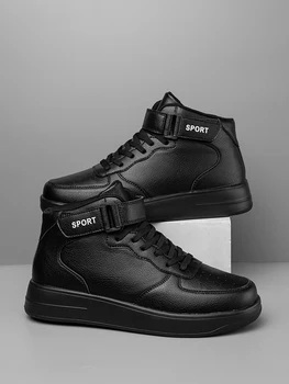 Men's Black Leather Velcro High-Top Casual Sneakers – Comfortable & Versatile Unisex Style 1