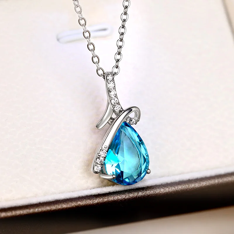 Huitan Water Drop Shape Blue Zirconia Necklace Female Engagement