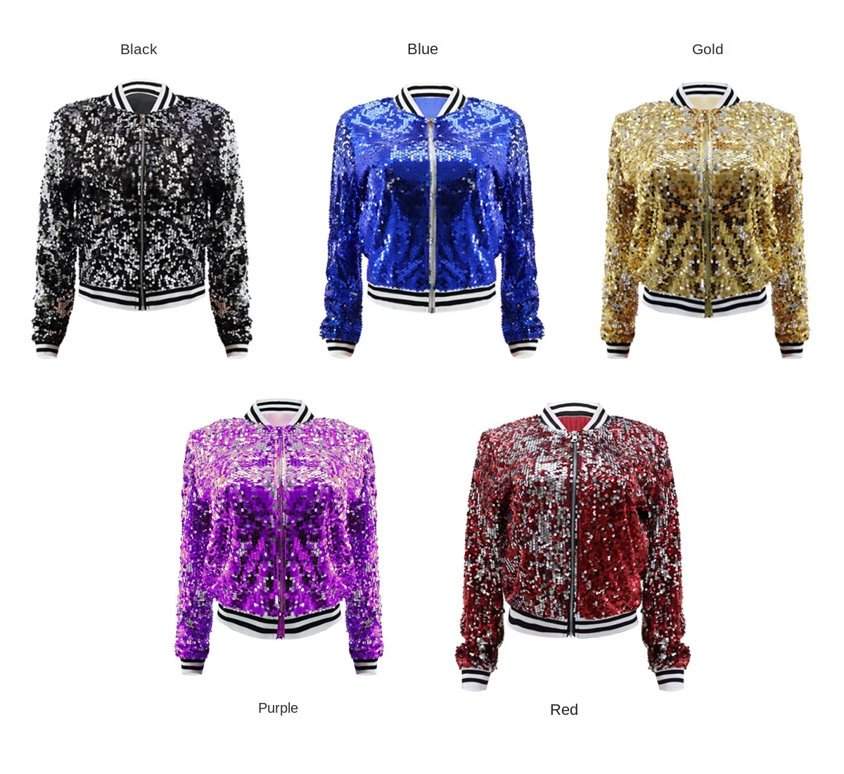 Description Picture 3 of itemWomen's Golden Outerwear Coat Fashion Sequin Long Sleeve Zippered Top Autumn New Style Jacket For Women Red Blue