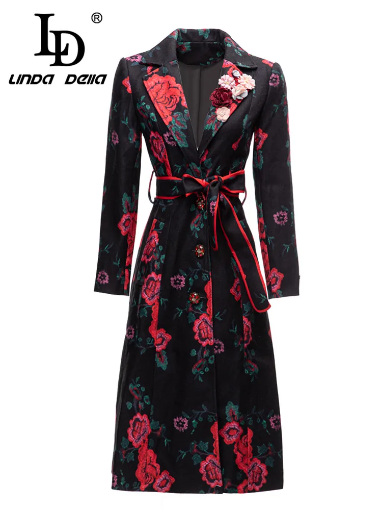 LD LINDA DELLA 2023 New Style Fashion Designer Coat Women's Lapel Single-breasted Belt Rose Print Pockets Slim Fit Coat