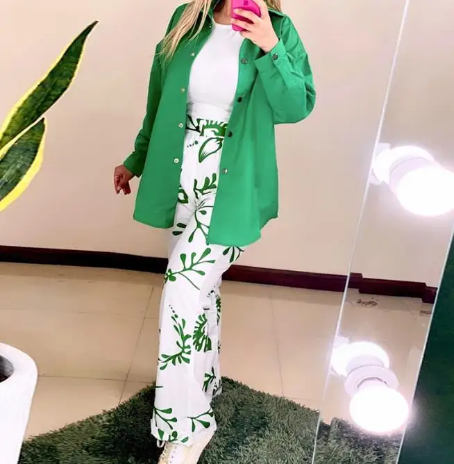 

Women's Two Piece Set Fashion Autumn 2023 Long Sleeve Polo Neck Shirt & Print Pocket Casual High Waist Pants Set Female Outfits