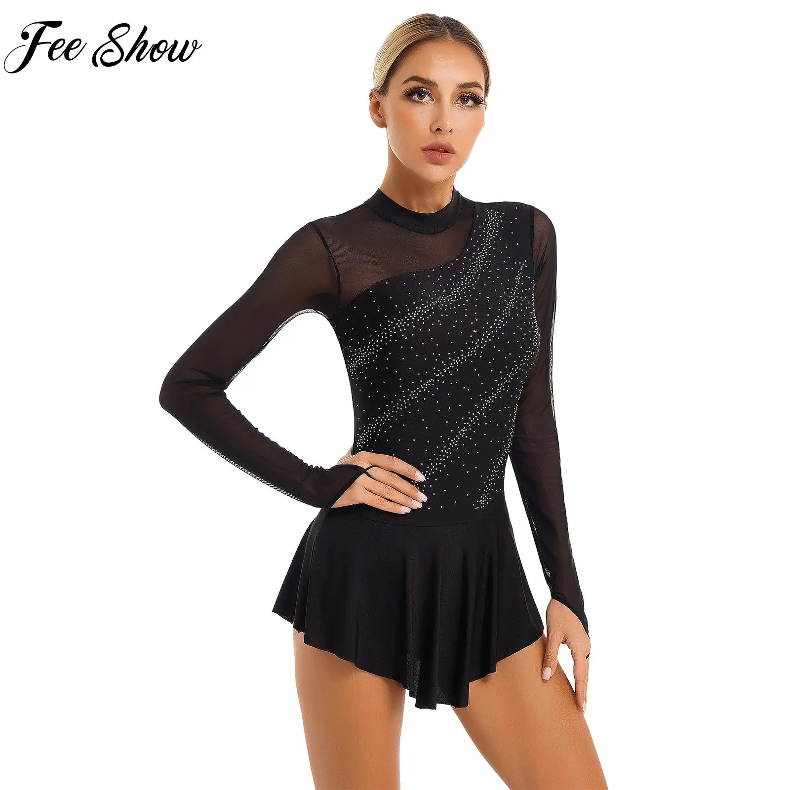 

Womens Figure Skating Dance Dresses Glitter Rhinestone Sheer Mesh Long Sleeve Gymnastics Stage Ballet Performance Leotard Dress