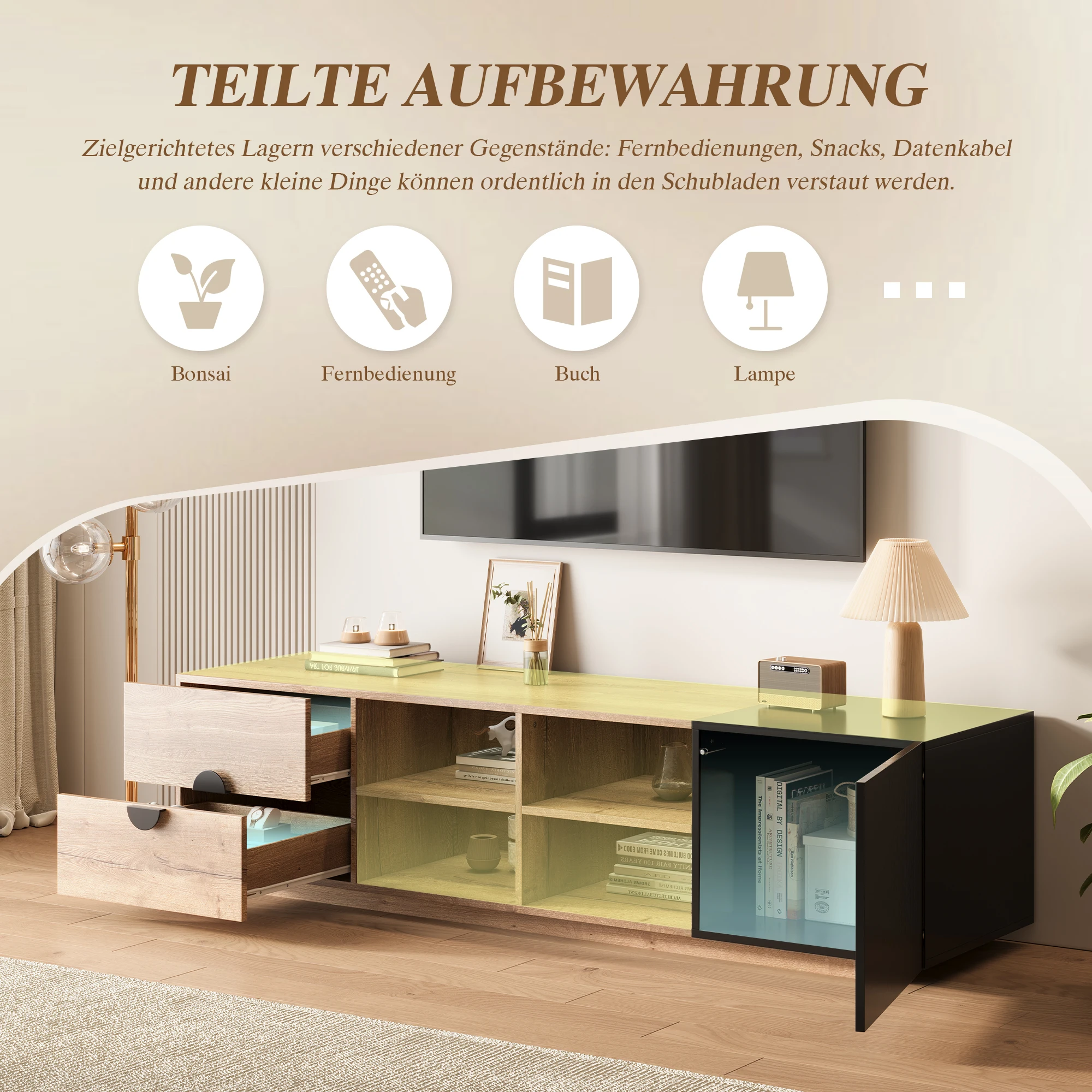 LVHOM TV-Ständer aus Holz mit Schubladen, offener und geschlossener Aufbewahrung, Medienkonsole für das Wohnzimmer, 180 x 38,5 x 47 cm – Detail 5