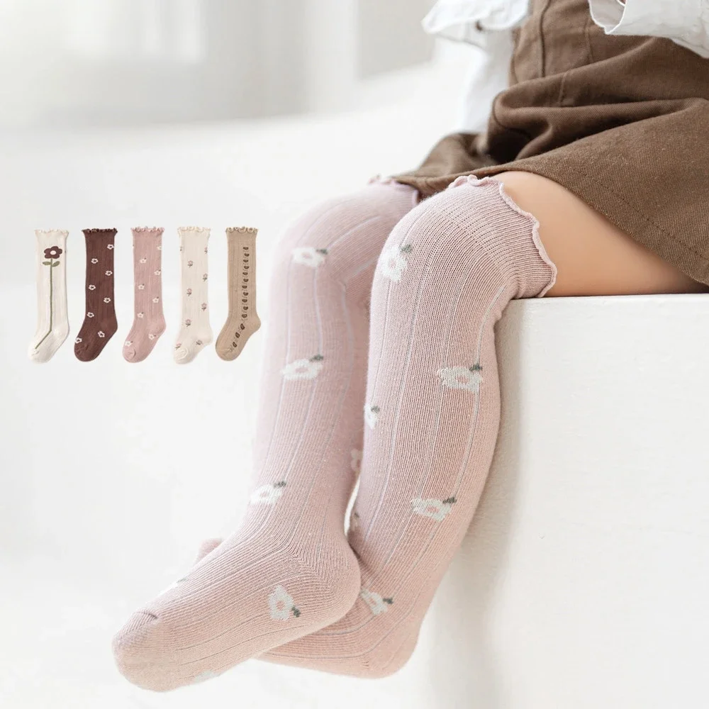 Socks Kids Baby Girls Spring Autumn Winter Korean Flower Striped Knee High Long Warm Thermal