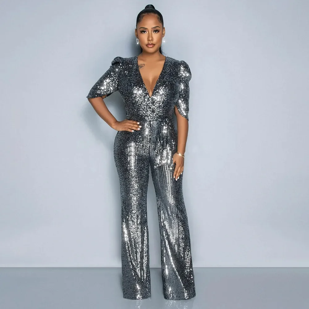 

Sexy Night Club Party Evening One Piece Romper Jumpsuit Women Sequined Puff Half Sleeve Wrap V-neck Wide Leg Birthday Outfits
