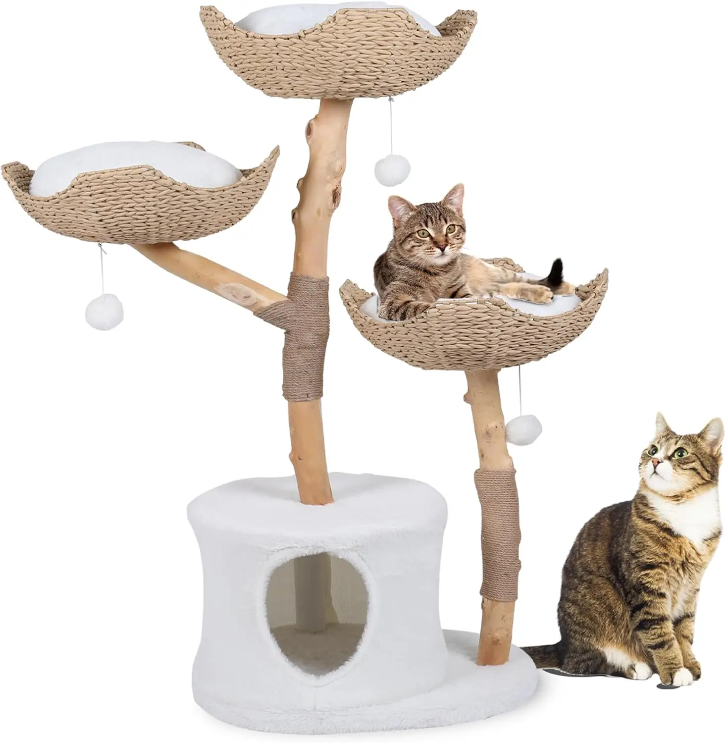 

Modern indoor multi-level tree, solid wood tower, luxury climbing, anti-scratch rope with pom poms, bed,