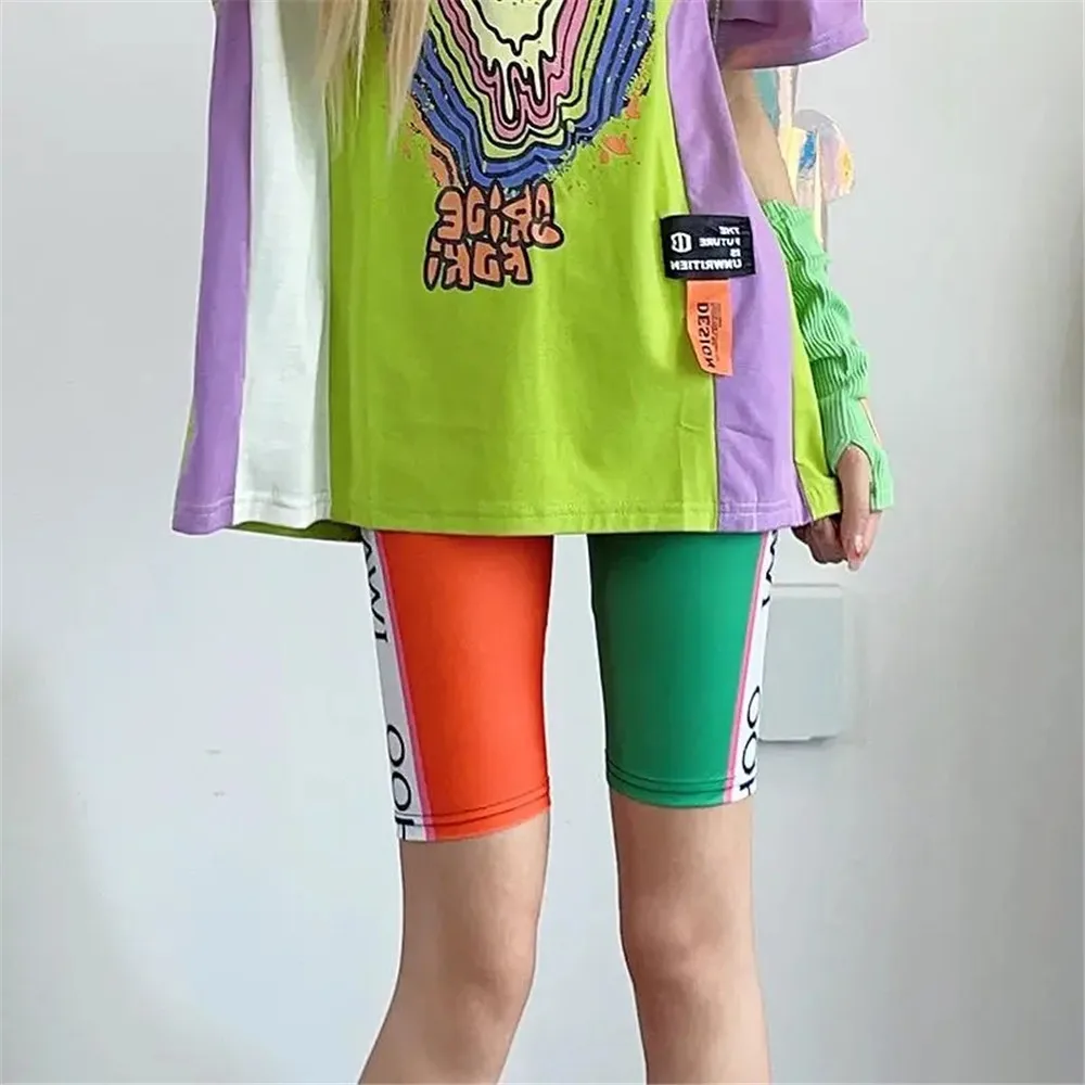 Split pants for women's summer fashion, contrasting colors, high waisted letters, ice silk quick drying shorts, leggings