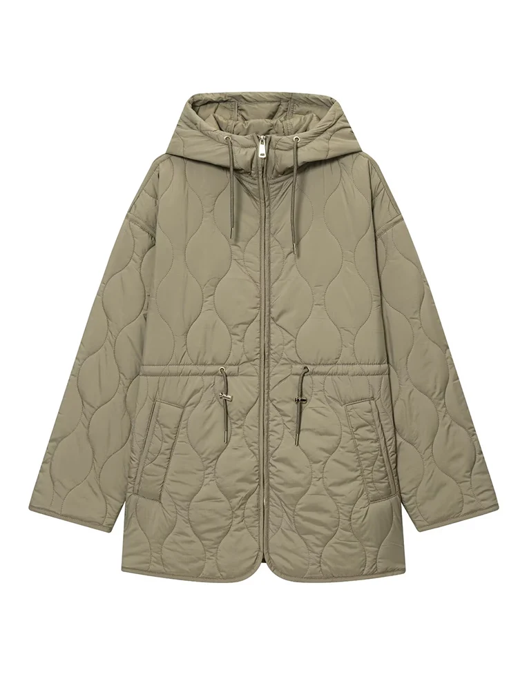 Winter Women Hooded Drawstring Cotton Jackets  Fashion Casual Zipper Pocket Quilted Coat Female Warm Long Outerwear 2025 New