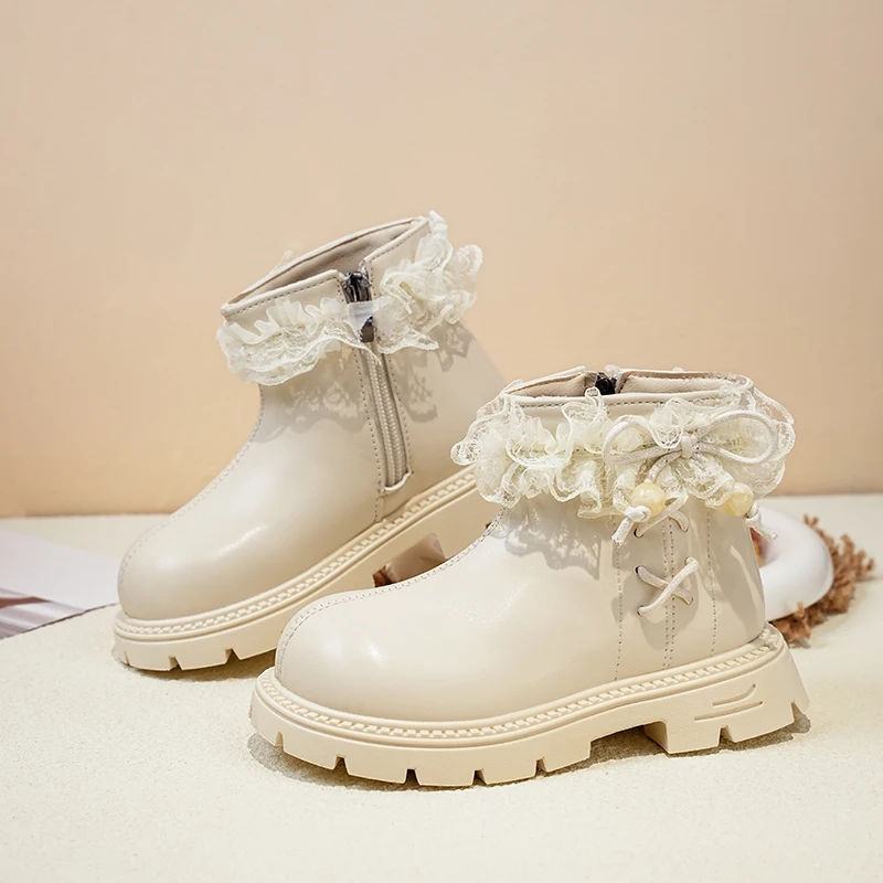 Leather Ankle Boots for Girls with Lace Bow