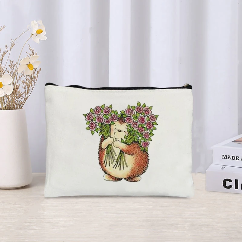 Cartoon Hedgehog Print Zipper Canvas Bag Organizer Skin Care Products Sundries Storage Cosmetic Bags Cute Stationery Pencil Case 6