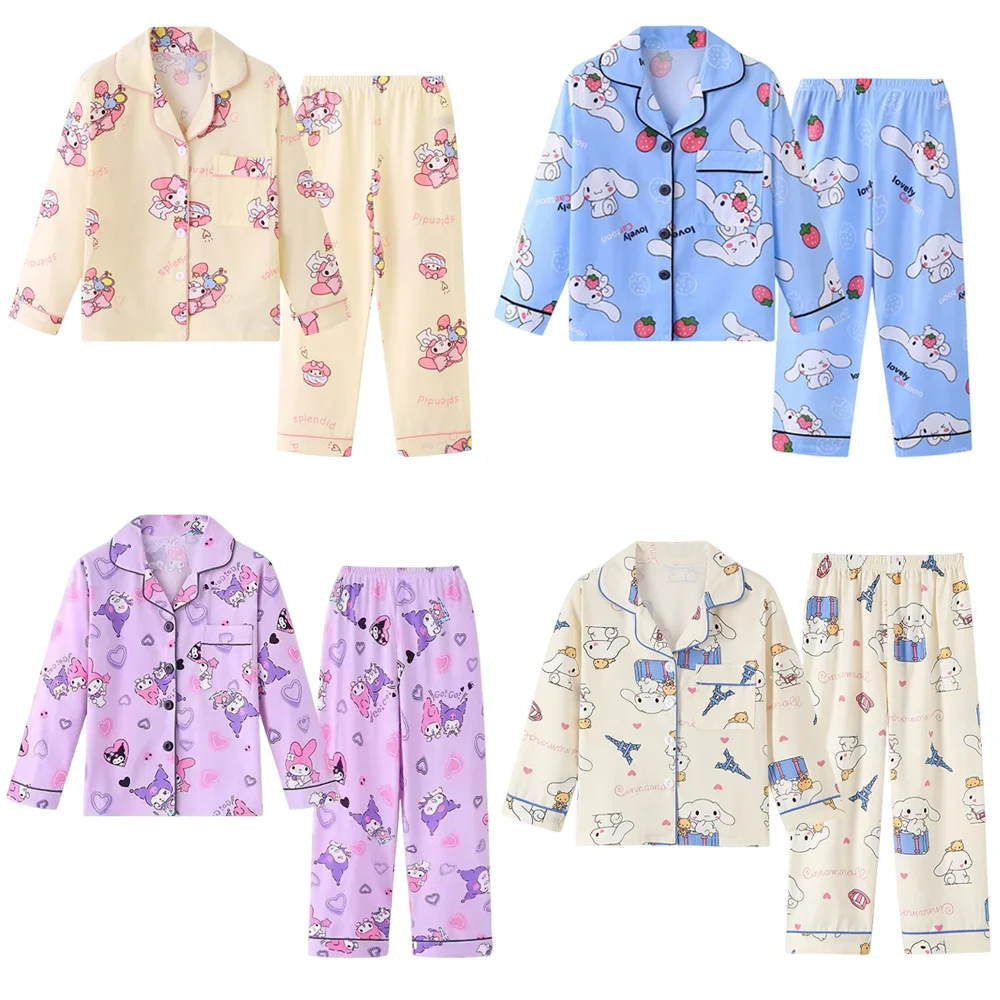 

Anime Sanrio My Melody Kuromi Cinnamoroll Children Y2k Long Sleeve Pajamas Pants Kawaii Boy Girl Flip Neck Cardigan Homewear Set