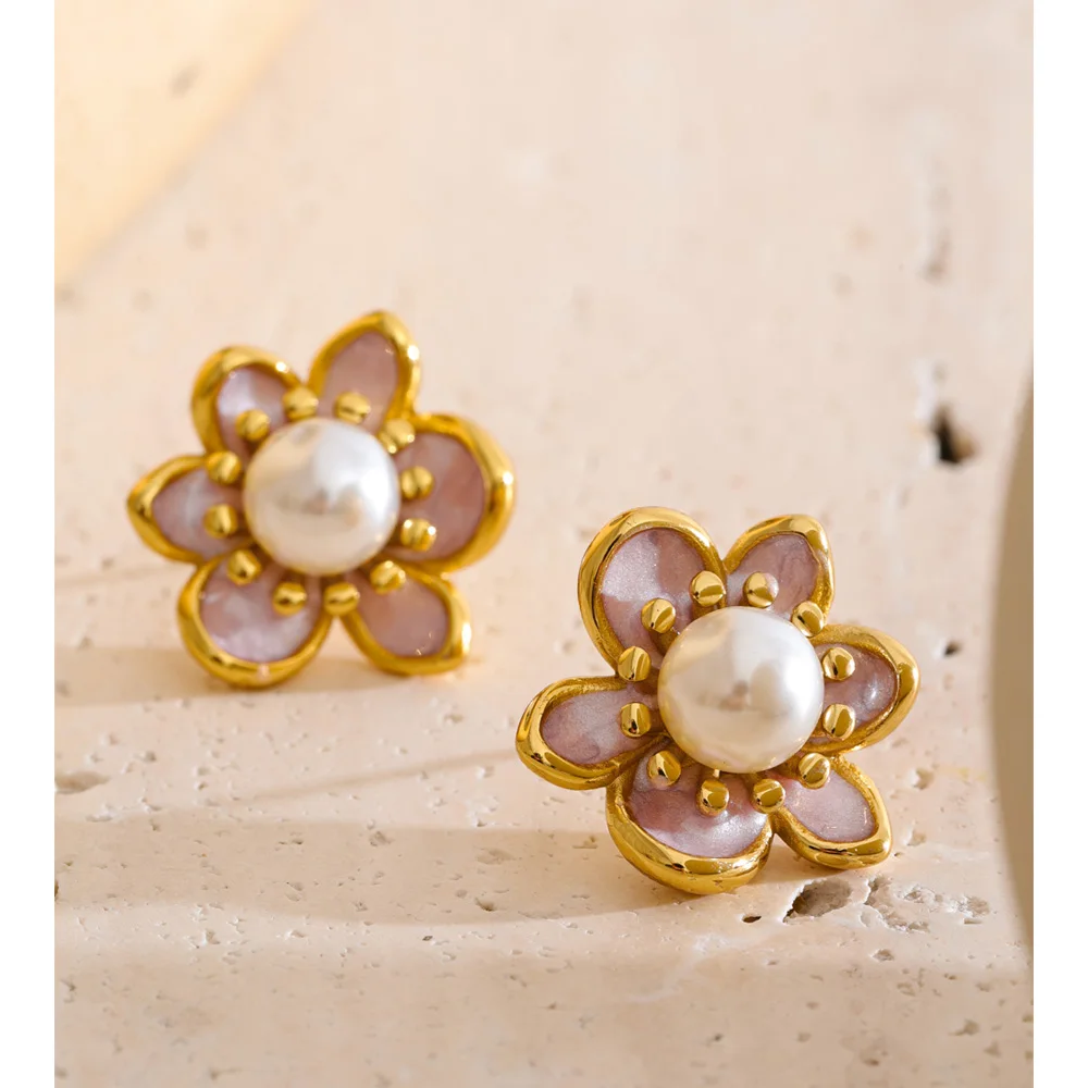 Yhpup Fashion Zirconia Pearls Enamel Flower Sweet Stud Earrings