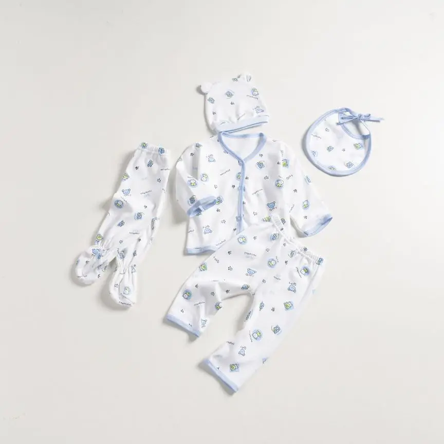 

5PCS Newborn Baby Cotton Clothes Set Spring Cartoon Tops Pants Bib Hats Infant Suits Boys Girls Outfits Clothing