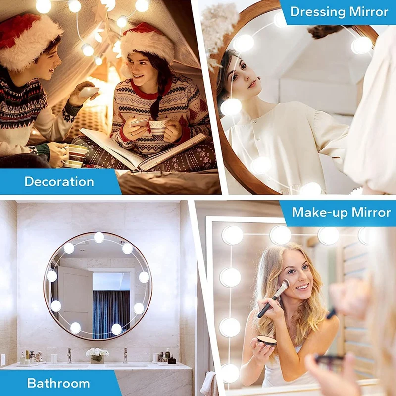 LED Vanity Lights For Mirror, USB Cable Mirror Lights Vanity Stick On With 10 Dimmable Bulbs, For Makeup Dressing