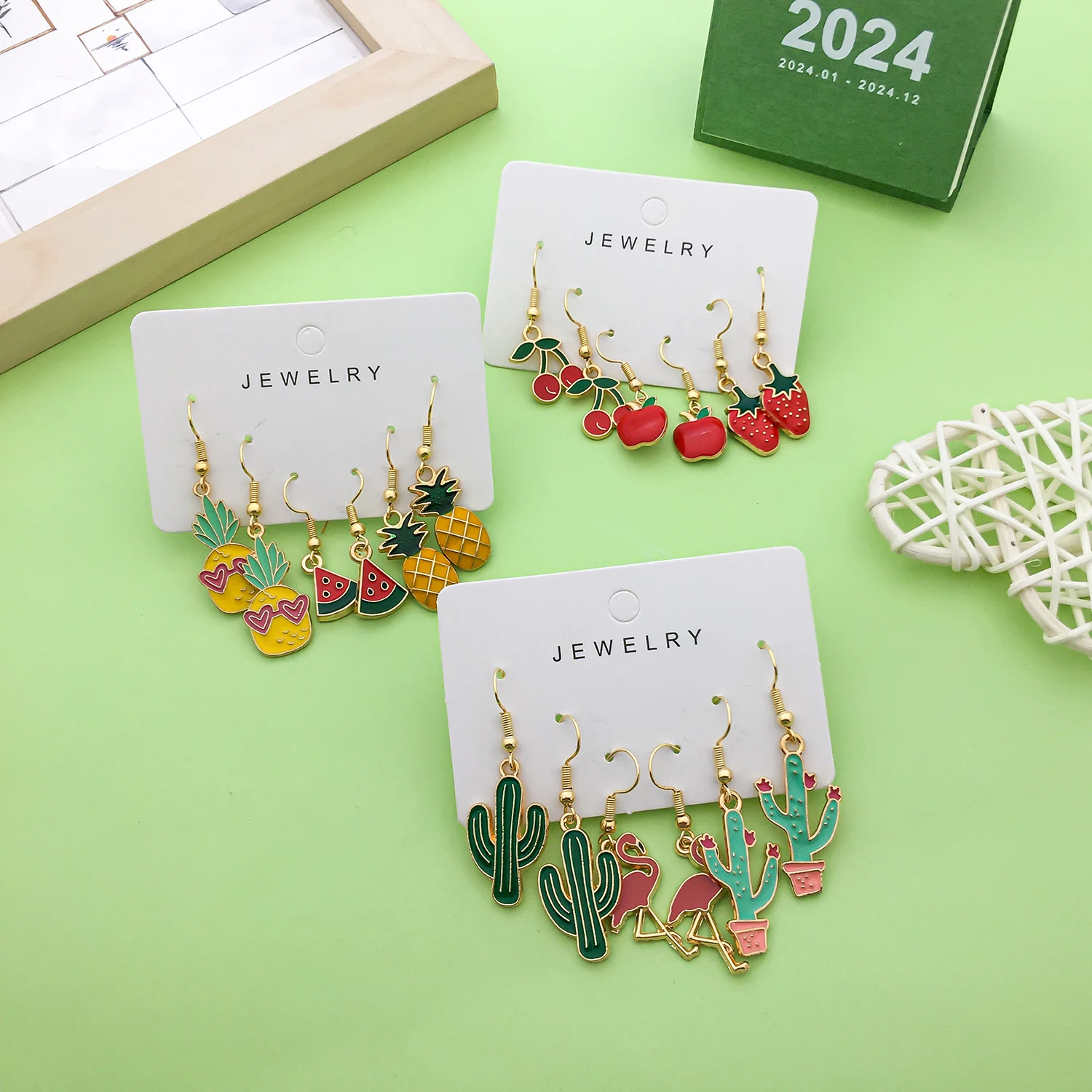 Enamel Funny fruit design earrings Cactus Design Charms Earrings Fashion Alloy Jewelry Women Girls Holiday Gifts 3 Pairs/Set