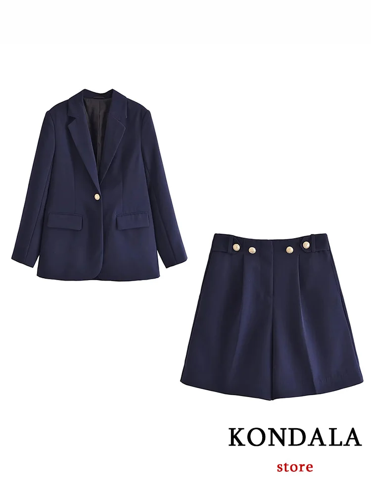 

Женский офисный костюм KONDALA, темно-синий однотонный Блейзер на одной пуговице с V-образным вырезом и карманами, свободные шорты на молнии, модный элегантный костюм на лето 2023