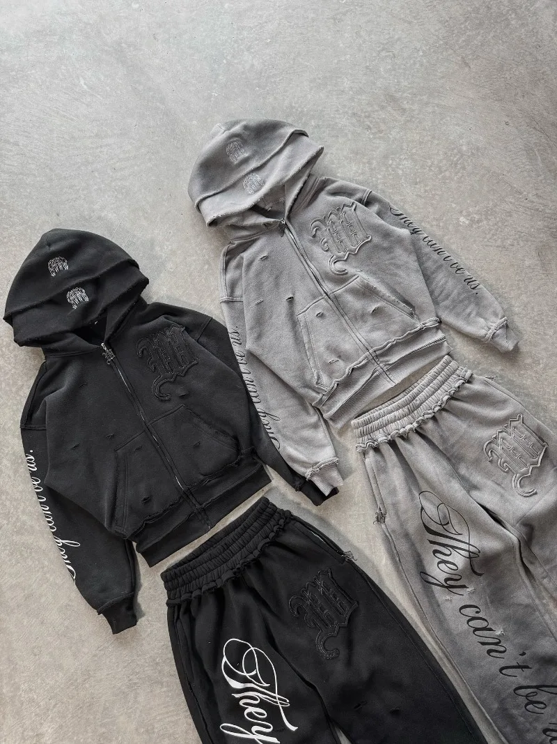 High street retro perforated embroidery American style logo Casual couple set street Harajuku punk loose hooded sweatshirt 2