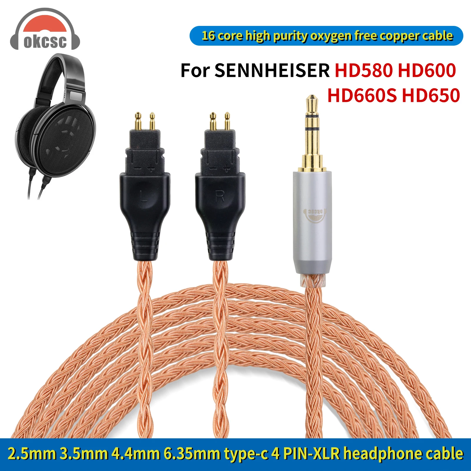 

OKCSC 16 Core Headphone Balanced Cable for Sennheiser HD650 HD580 HD600 HD660S 2.5mm/3.5mm/4.4mm/6.35mm/4 PIN XLR/Type-C Plug