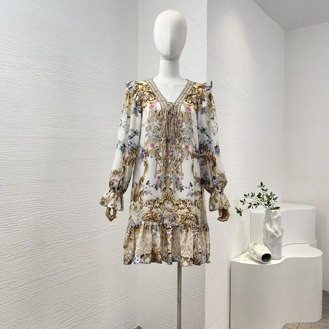 

2024 High Quality Pure Silk Golden White Floral Print Long Sleeve Pullover Diamonds Pressed Ruffles Loose Women Mini Dress