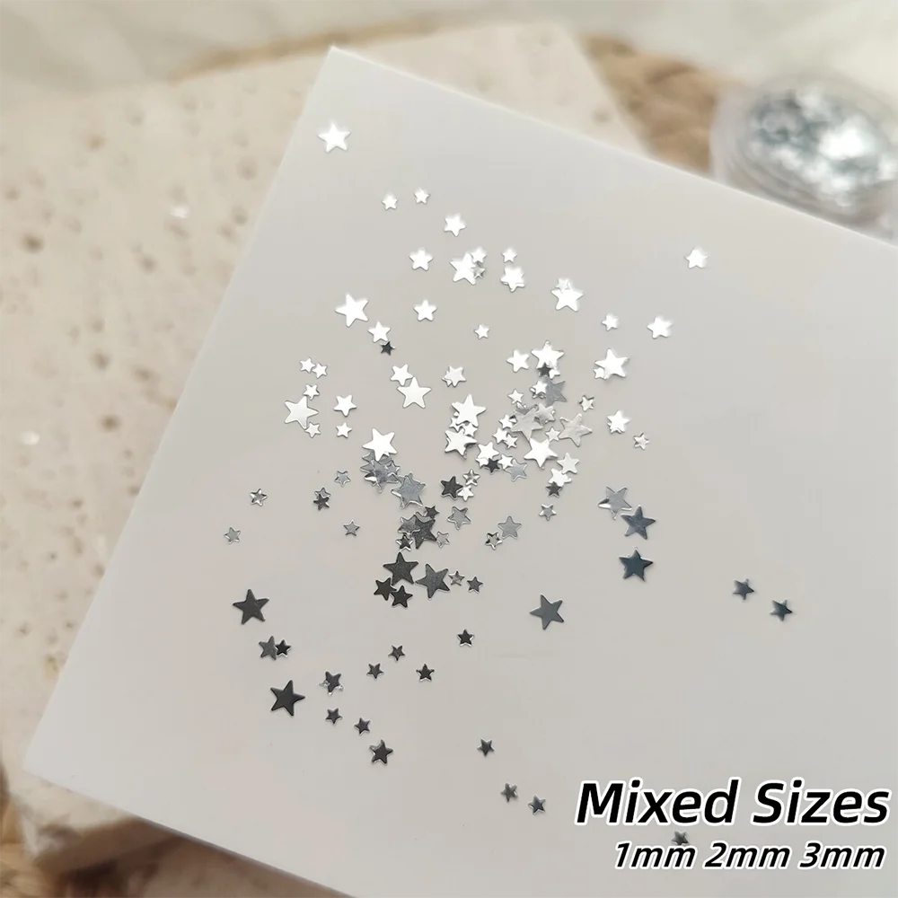1 Box 3D-Silberstern-Nagelkunst-Pailletten, gemischte Größen, 1–3 mm, Starlight-Nägel, Glitzerflocken, glitzerndes Pentagramm, Maniküre, Pailletten-Dekor – Detail 2
