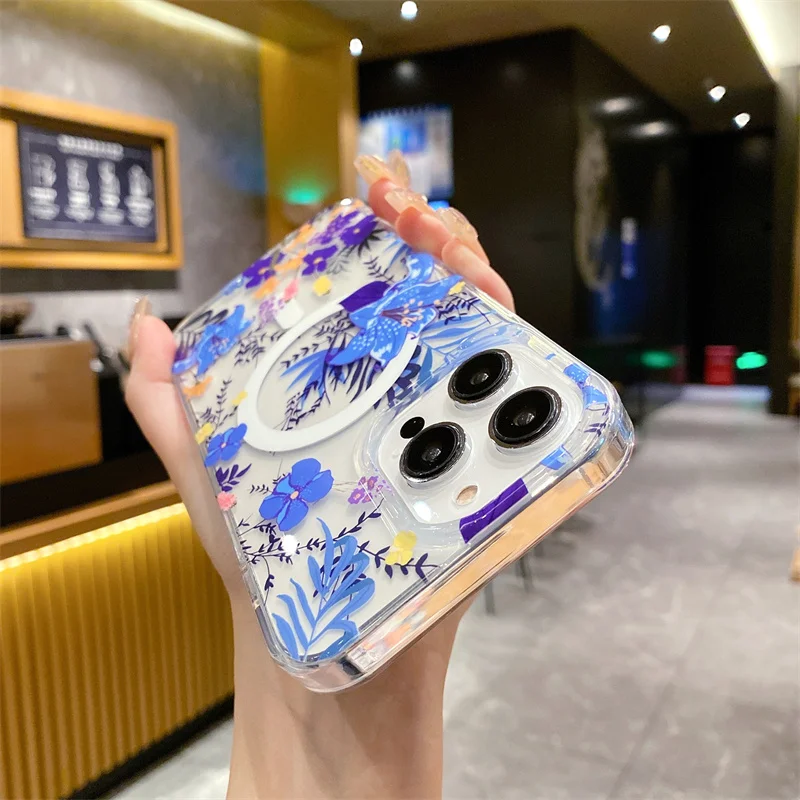 Transparente Magsafe-Hülle mit schönen Blumen für iPhone 16 Pro Max 15 14 13 12, dünne, harte, kabellose Ladeabdeckung aus Acryl, Funda 14Pro_voghion.com