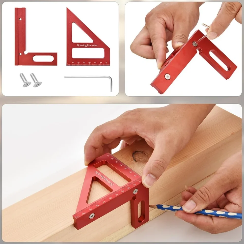 3D Multi Angle Measuring Ruler, 45/90 Degree Triangle Layout Scriber, 3D Woodworking Square Protractor, Aluminum Alloy Miter Triangle Ruler Woodworking Measuring Tools For Engineer Carpenter(Red