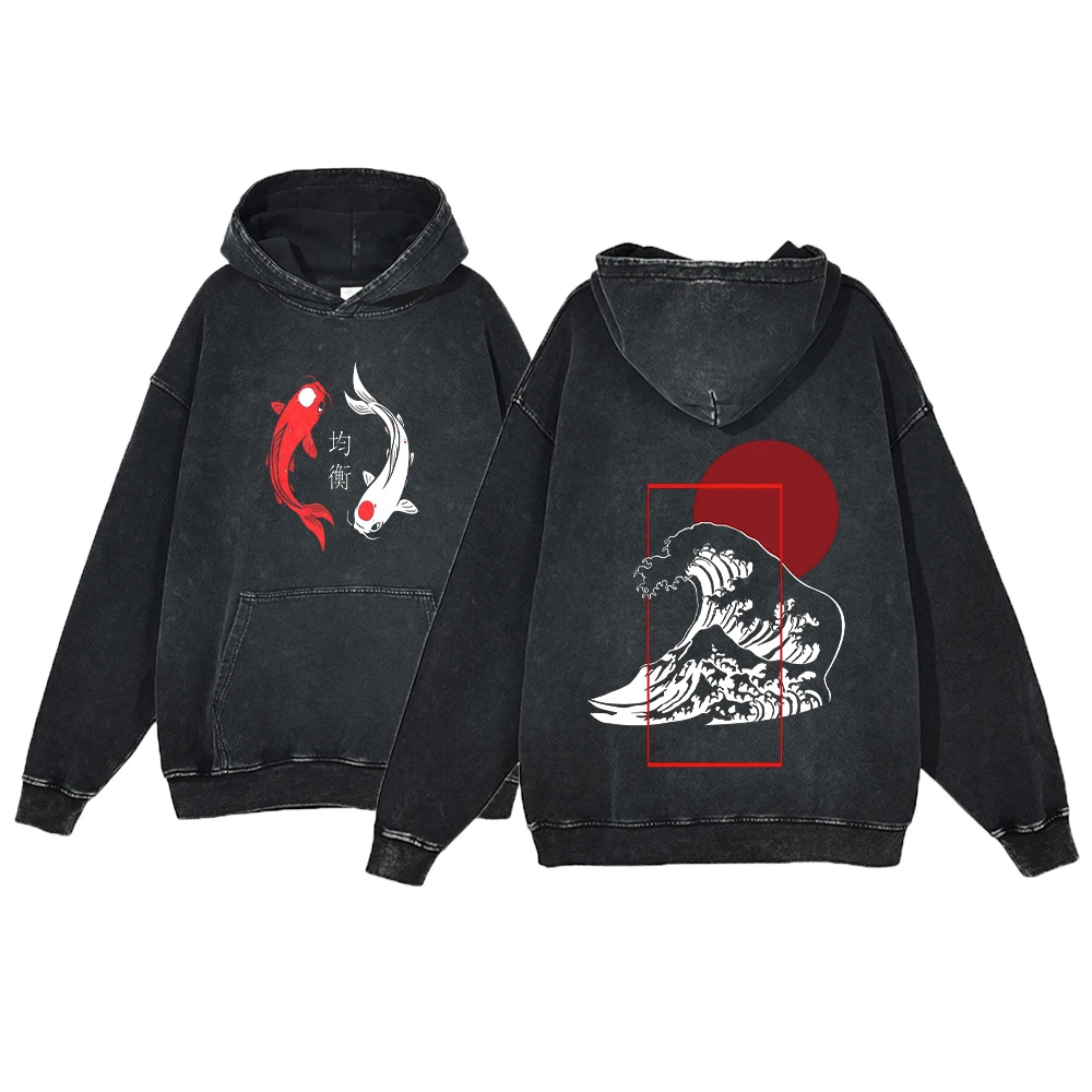 Y2K Anime Hoodie Ukiyoe Koi Fish Vintage Acid Wash Sweatshirt Men Hip Hop Hoodies Long Sleeve Oversized Harajuku Gothic Pullover