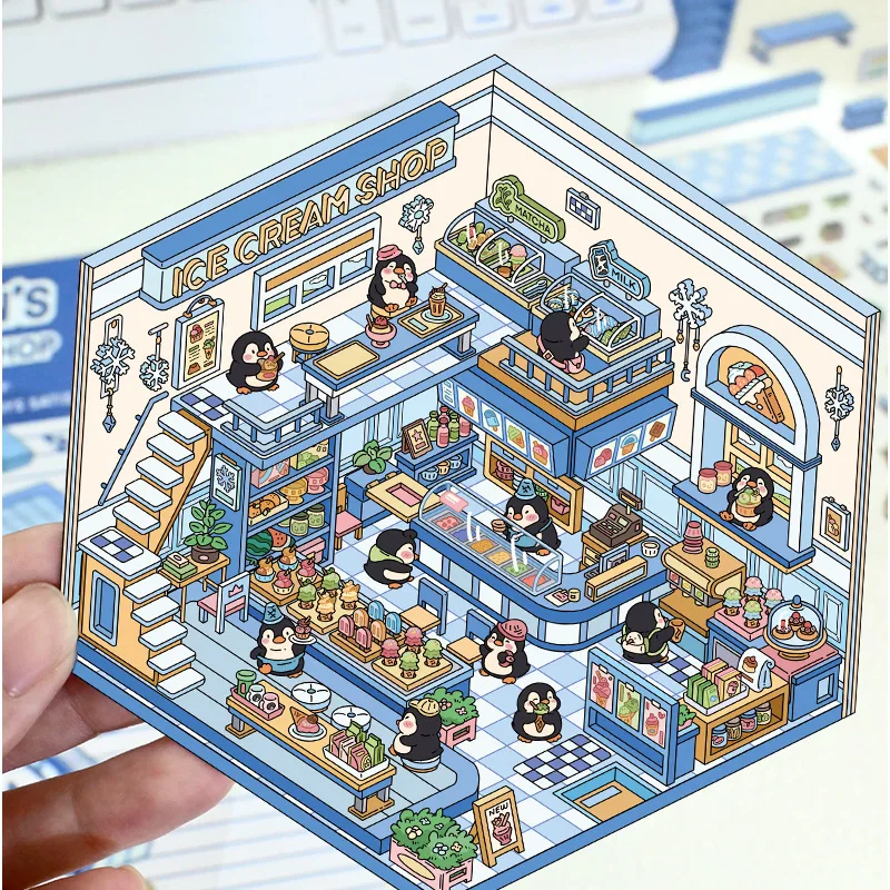Cartoon Adhesive Animal Stickers 3D Miniature Scene DIY Pocket Cabin Stacking Pasting Festival Birthday Gift for Kid